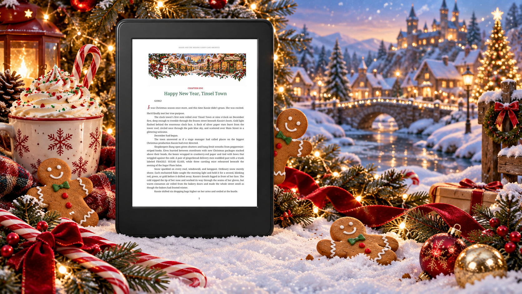 Kindle preview of Chapter One of Kassie and the Missing Candy Cane Archives, surrounded by hot chocolate, gingerbread cookies, candy canes, and snowy Tinsel Town
